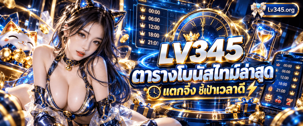 รูปกราฟิกตารางเวลาแสดงช่วงนาทีทองที่มีคำว่า LV345 ตารางโบนัสไทม์ล่าสุดแตกจึ้ง เด่นชัด